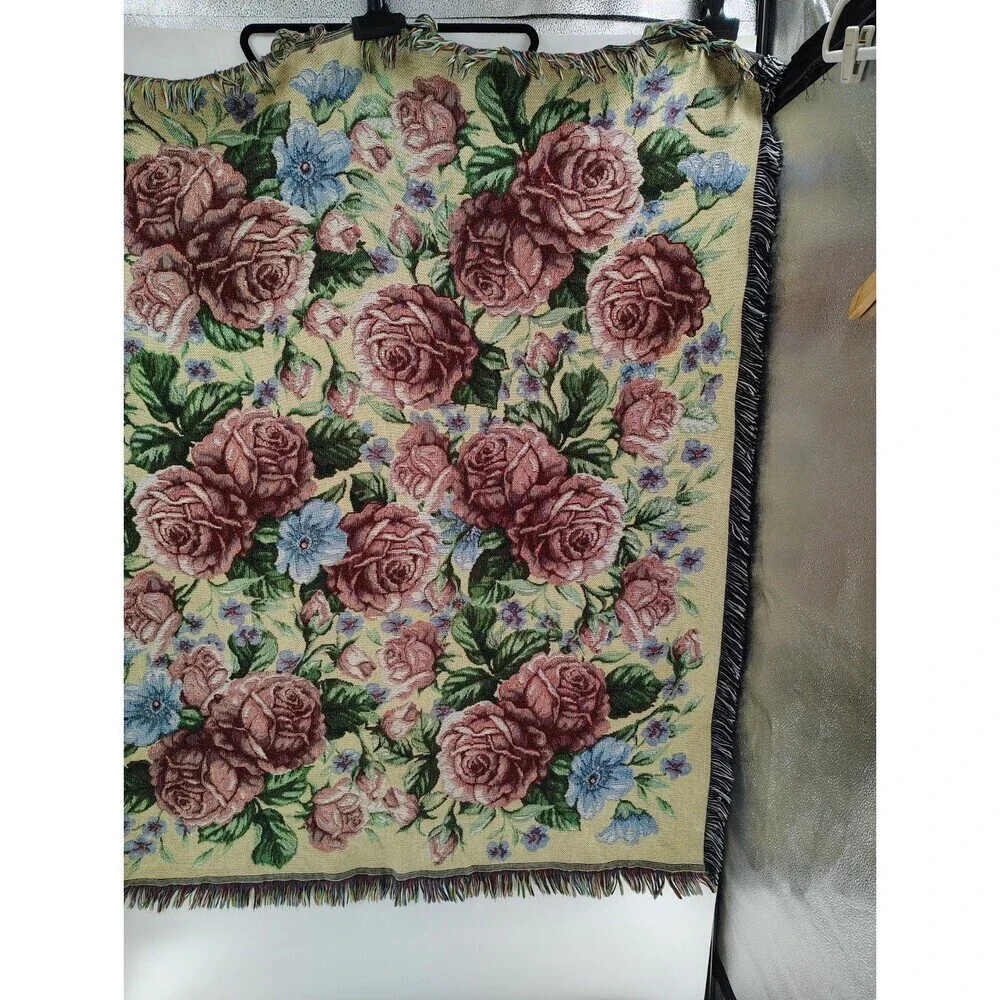 Vintage Large Floral Design Fringed Woven Citton Tapestry Throw Blanket 49x54